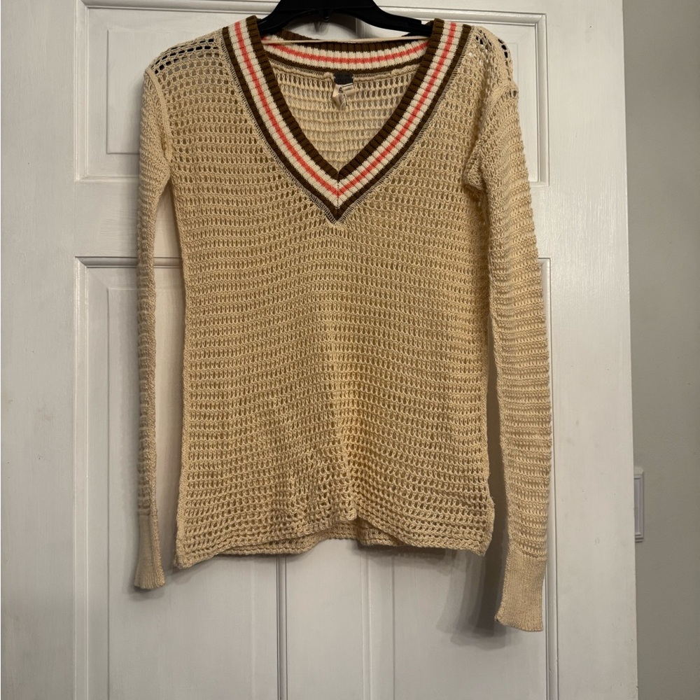 We The Free Cream V-Neck Sweater with brown and pink Trim